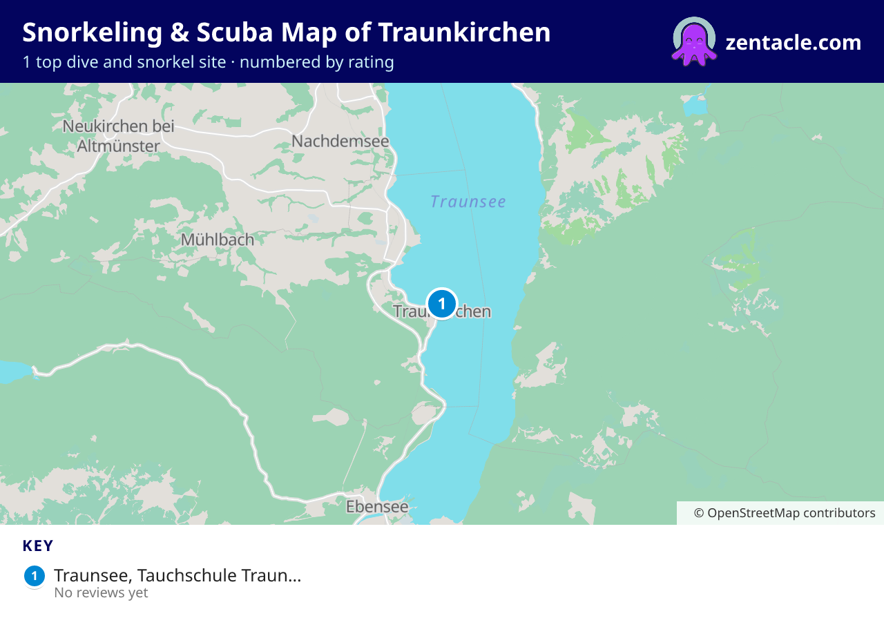 Snorkeling & Scuba Map of Traunkirchen: numbered map of the top 1 dive and snorkel sites, with ratings