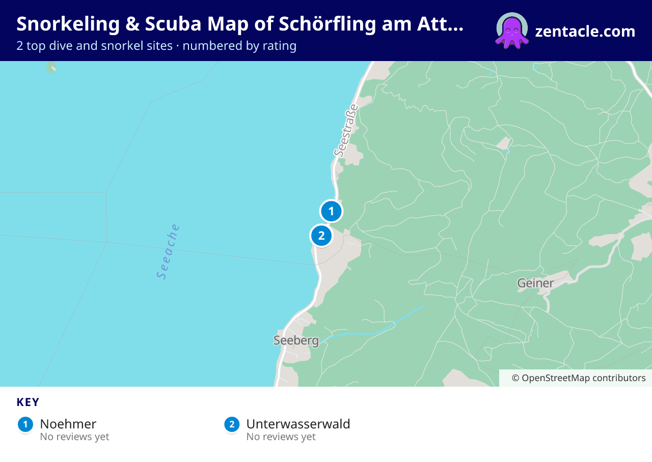 Snorkeling & Scuba Map of Schörfling am Attersee: numbered map of the top 2 dive and snorkel sites, with ratings
