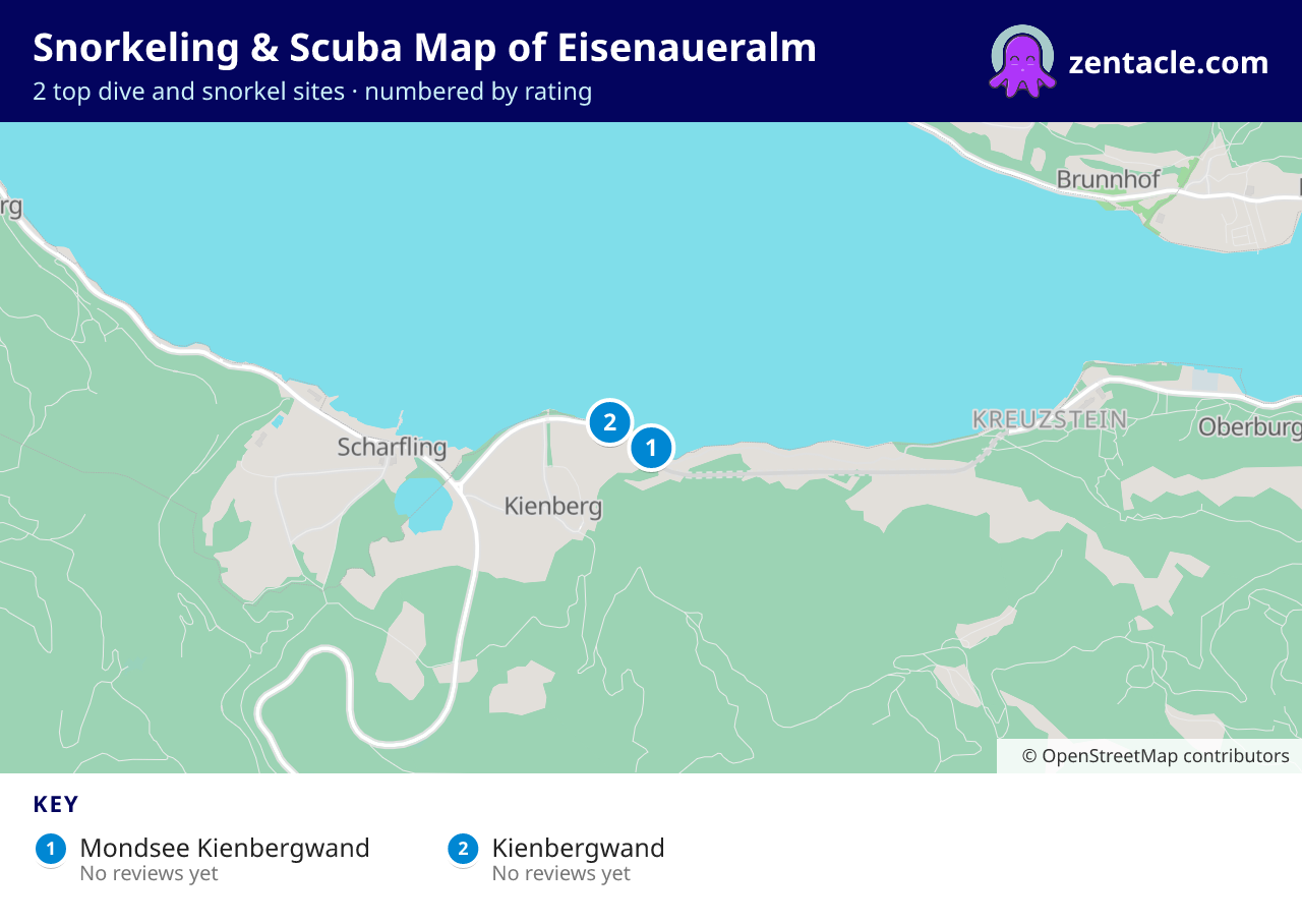 Snorkeling & Scuba Map of Eisenaueralm: numbered map of the top 2 dive and snorkel sites, with ratings