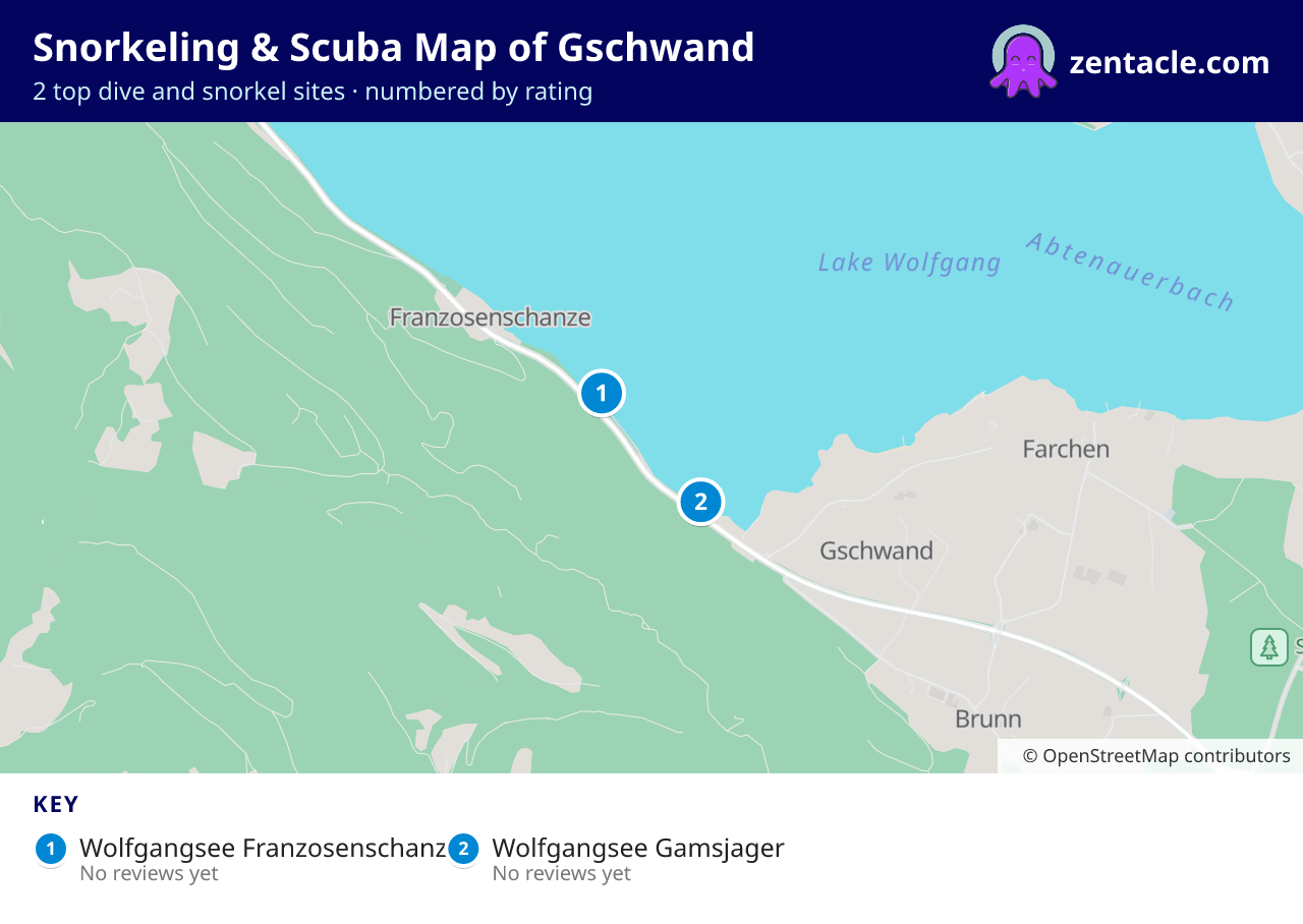 Snorkeling & Scuba Map of Gschwand: numbered map of the top 2 dive and snorkel sites, with ratings
