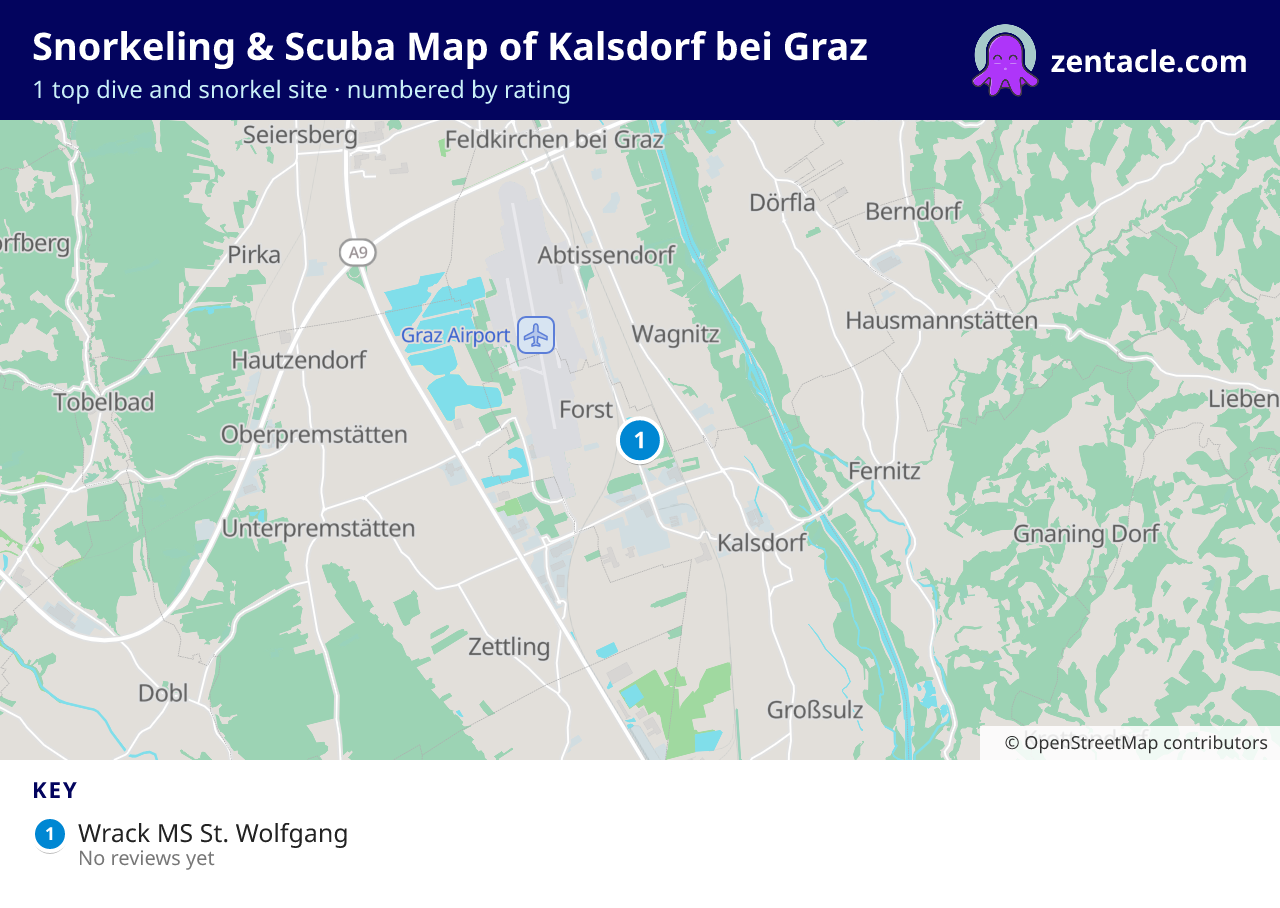 Snorkeling & Scuba Map of Kalsdorf bei Graz: numbered map of the top 1 dive and snorkel sites, with ratings