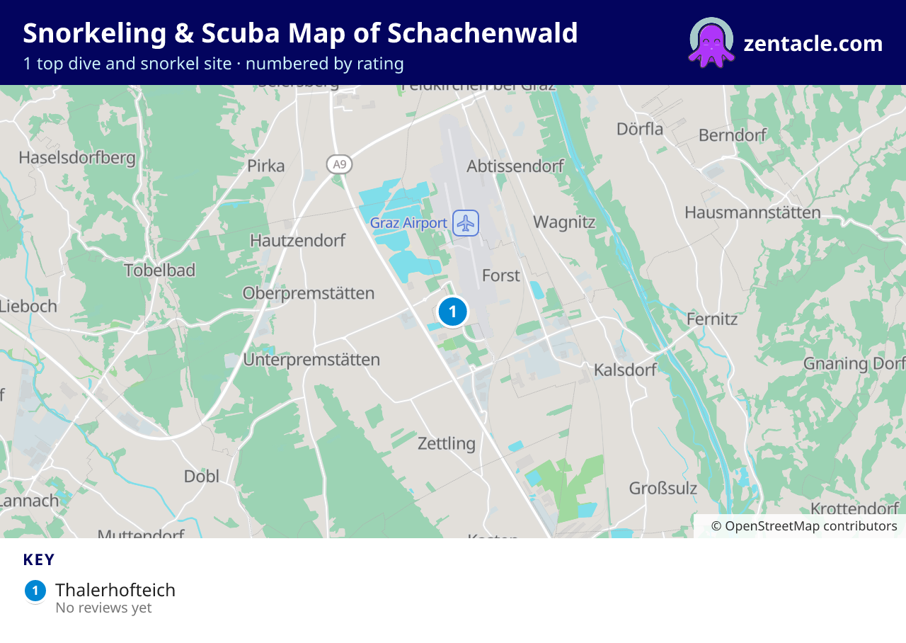 Snorkeling & Scuba Map of Schachenwald: numbered map of the top 1 dive and snorkel sites, with ratings