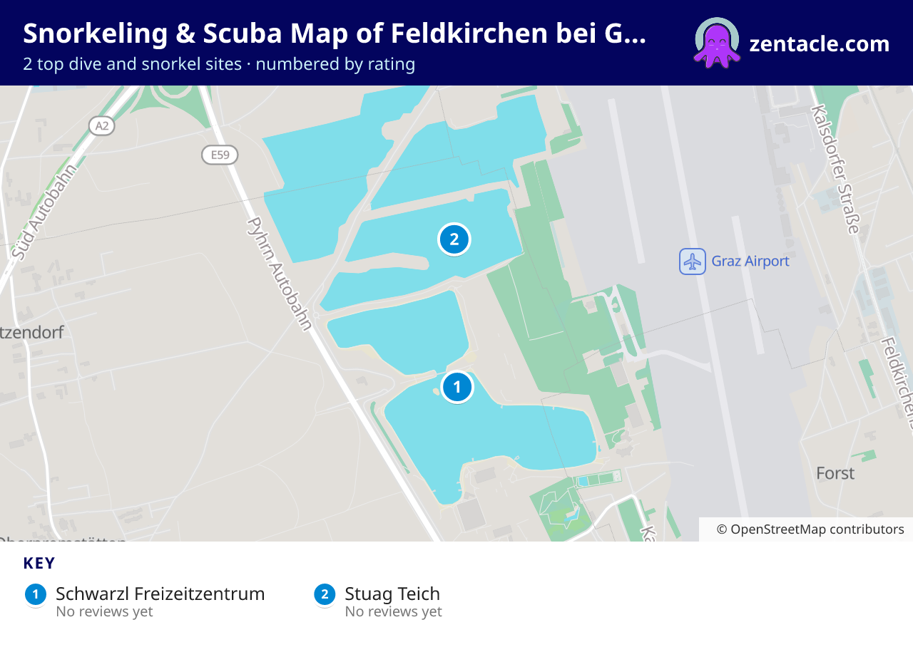Snorkeling & Scuba Map of Feldkirchen bei Graz: numbered map of the top 2 dive and snorkel sites, with ratings