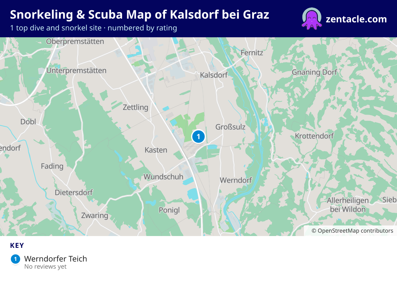 Snorkeling & Scuba Map of Kalsdorf bei Graz: numbered map of the top 1 dive and snorkel sites, with ratings