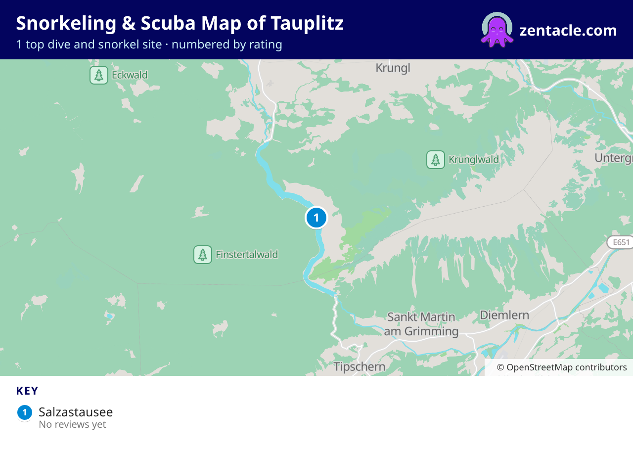 Snorkeling & Scuba Map of Tauplitz: numbered map of the top 1 dive and snorkel sites, with ratings