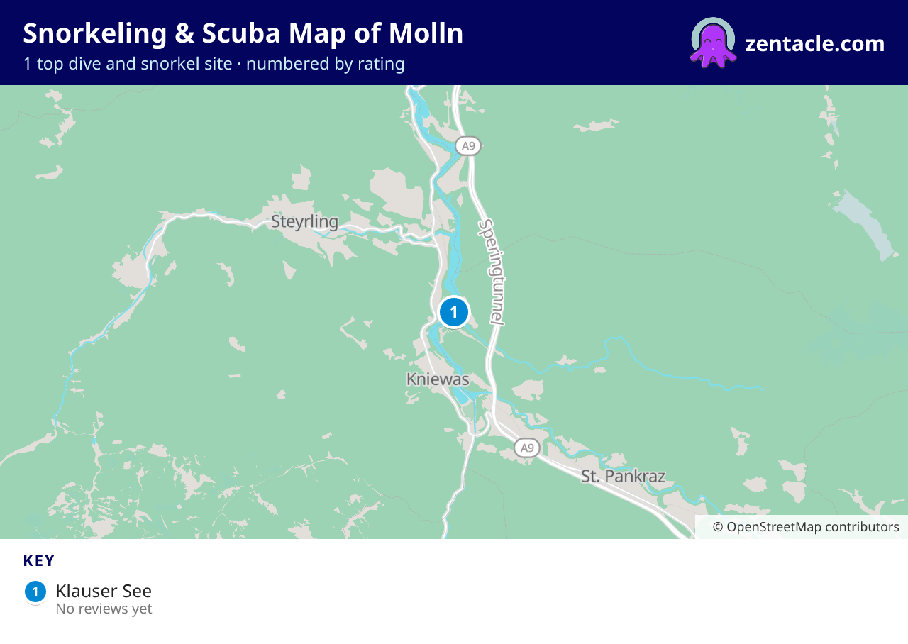 Snorkeling & Scuba Map of Molln: numbered map of the top 1 dive and snorkel sites, with ratings