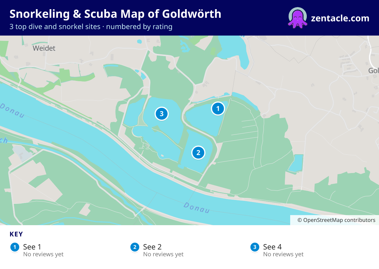 Snorkeling & Scuba Map of Goldwörth: numbered map of the top 3 dive and snorkel sites, with ratings