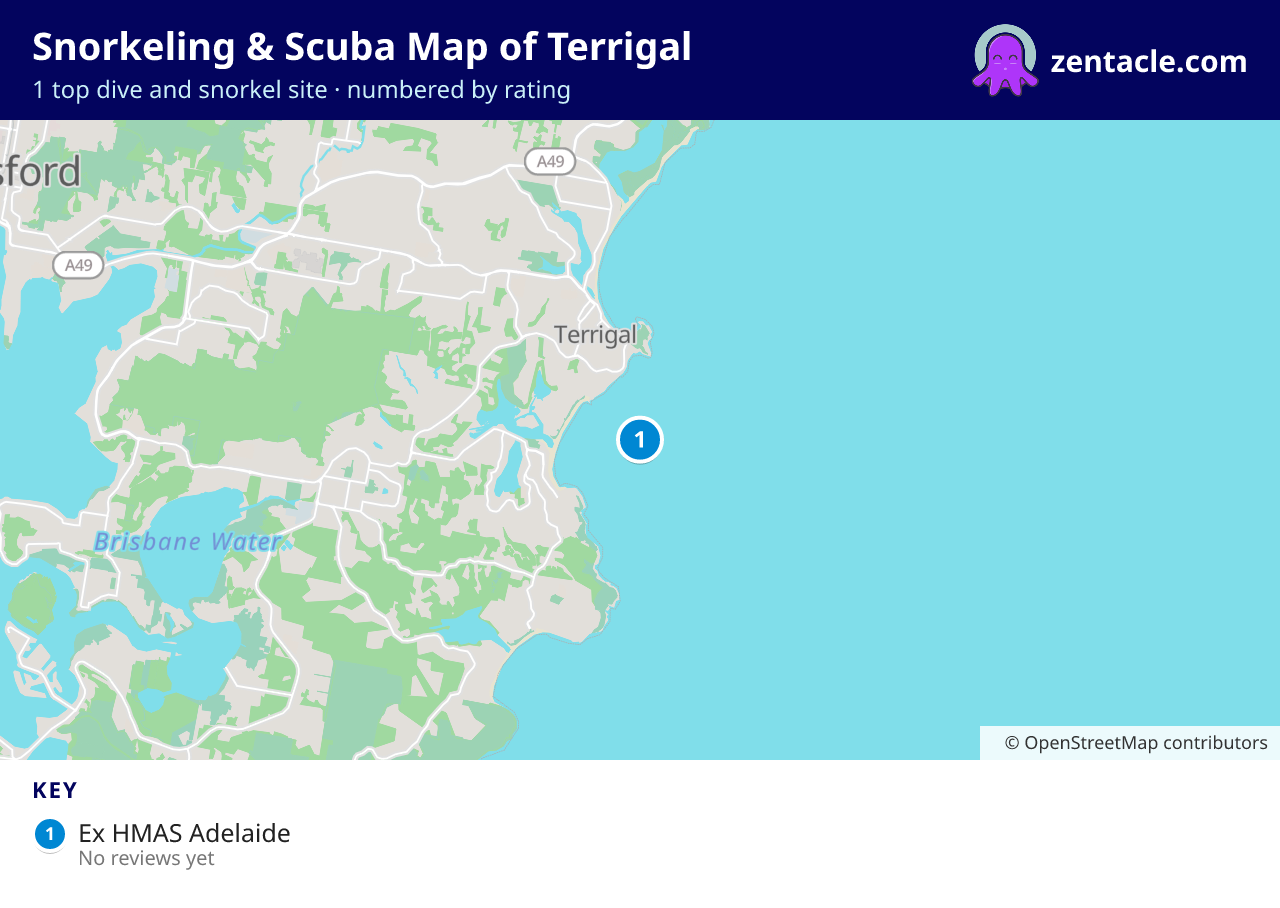 Snorkeling & Scuba Map of Terrigal: numbered map of the top 1 dive and snorkel sites, with ratings