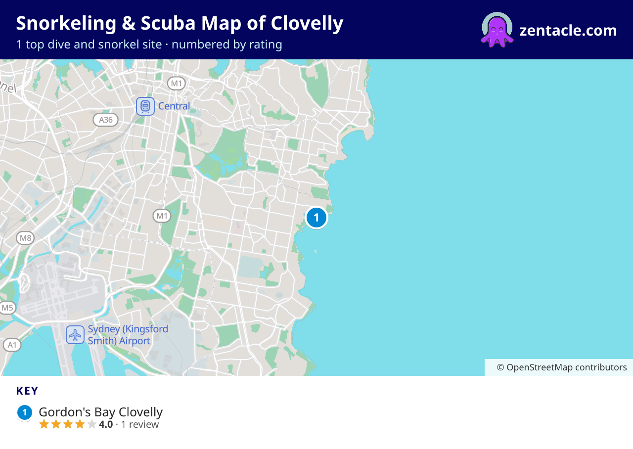 Snorkeling & Scuba Map of Clovelly: numbered map of the top 1 dive and snorkel sites, with ratings