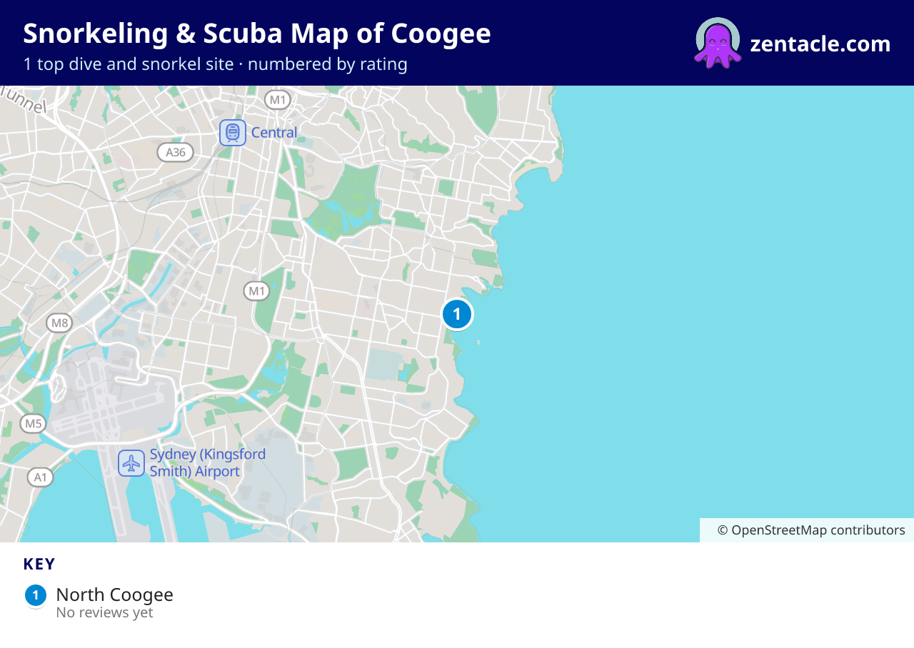 Snorkeling & Scuba Map of Coogee: numbered map of the top 1 dive and snorkel sites, with ratings