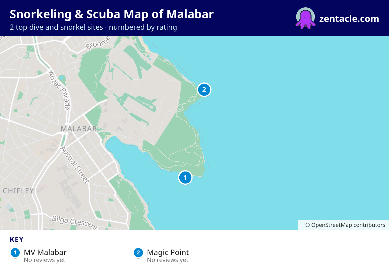 Snorkeling & Scuba Map of Malabar: numbered map of the top 2 dive and snorkel sites, with ratings