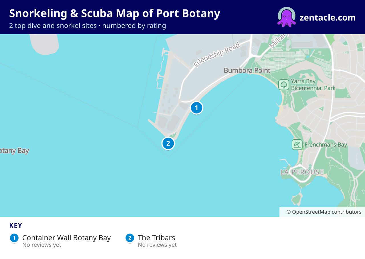 Snorkeling & Scuba Map of Port Botany: numbered map of the top 2 dive and snorkel sites, with ratings