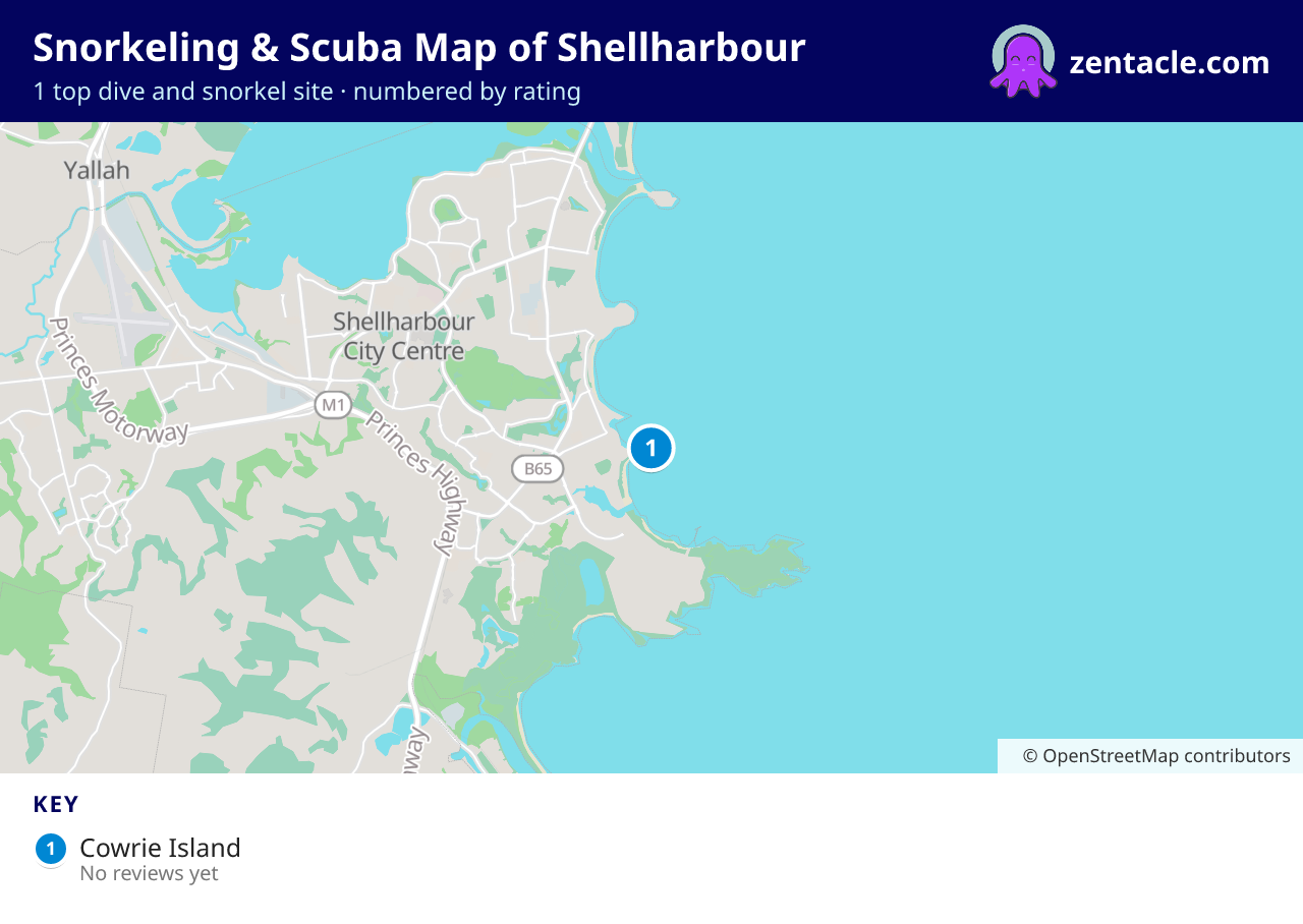 Snorkeling & Scuba Map of Shellharbour: numbered map of the top 1 dive and snorkel sites, with ratings