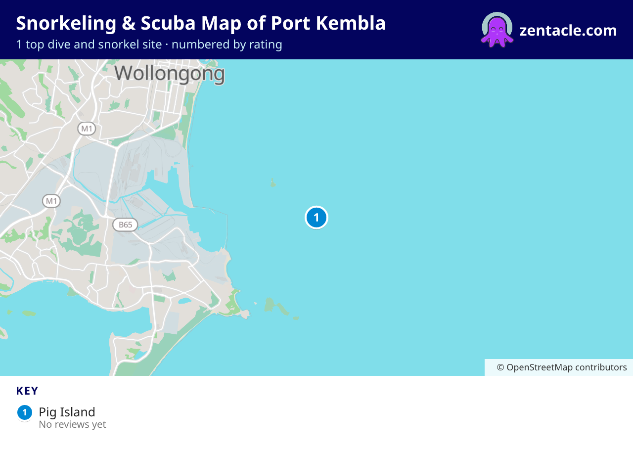Snorkeling & Scuba Map of Port Kembla: numbered map of the top 1 dive and snorkel sites, with ratings