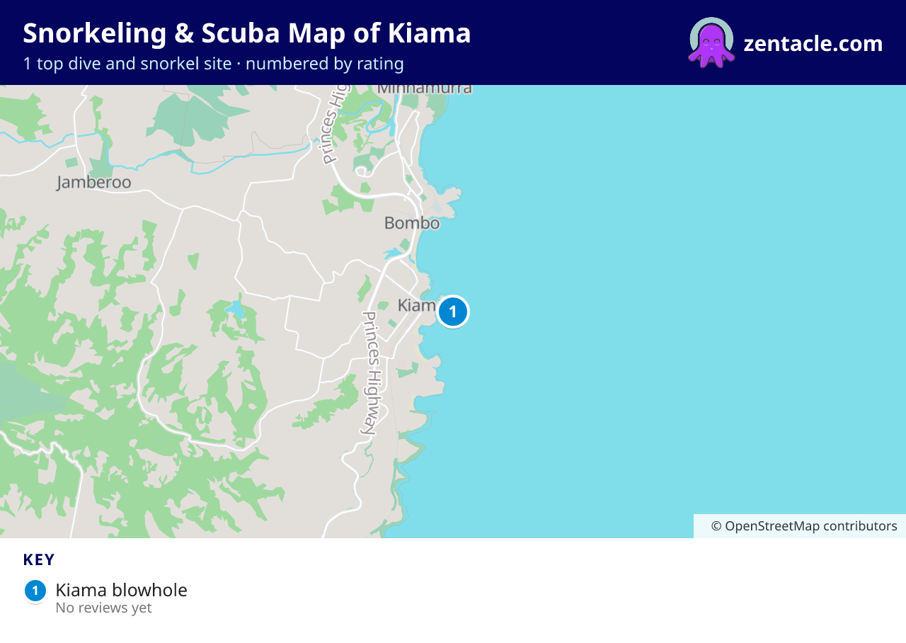 Snorkeling & Scuba Map of Kiama: numbered map of the top 1 dive and snorkel sites, with ratings