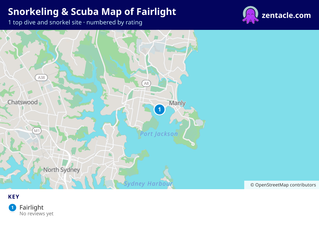 Snorkeling & Scuba Map of Fairlight: numbered map of the top 1 dive and snorkel sites, with ratings
