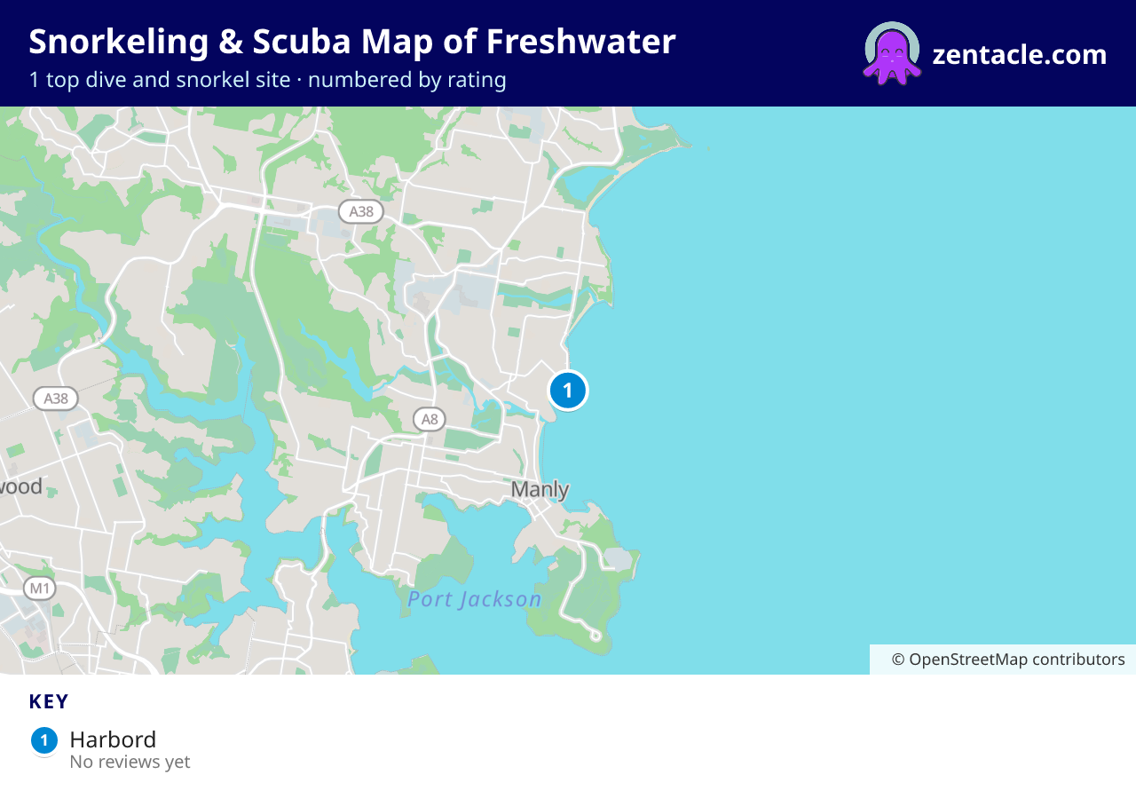 Snorkeling & Scuba Map of Freshwater: numbered map of the top 1 dive and snorkel sites, with ratings