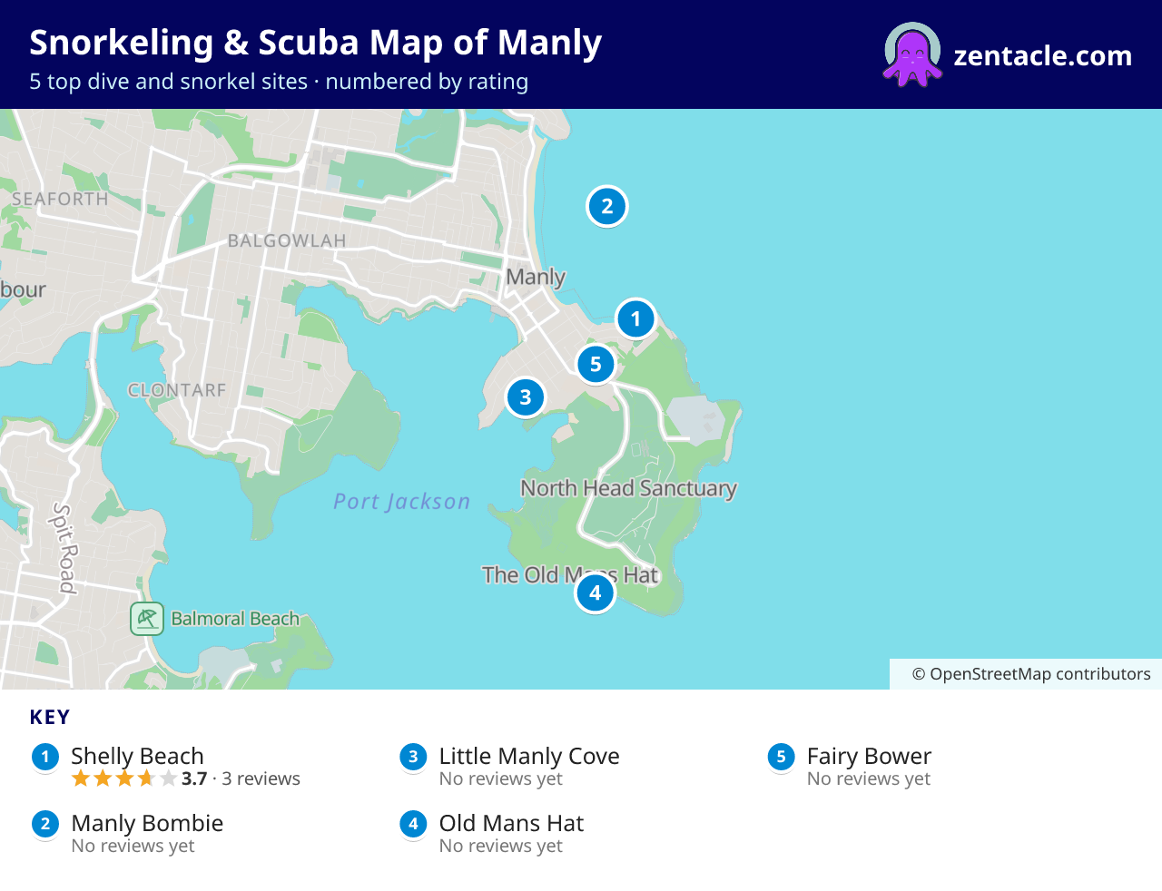 Snorkeling & Scuba Map of Manly: numbered map of the top 5 dive and snorkel sites, with ratings