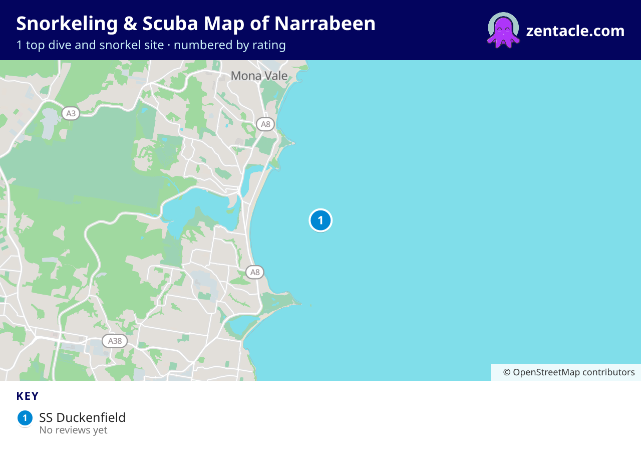 Snorkeling & Scuba Map of Narrabeen: numbered map of the top 1 dive and snorkel sites, with ratings