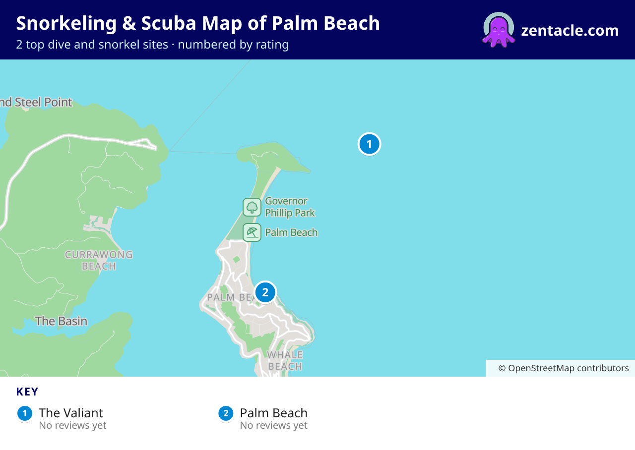 Snorkeling & Scuba Map of Palm Beach: numbered map of the top 2 dive and snorkel sites, with ratings