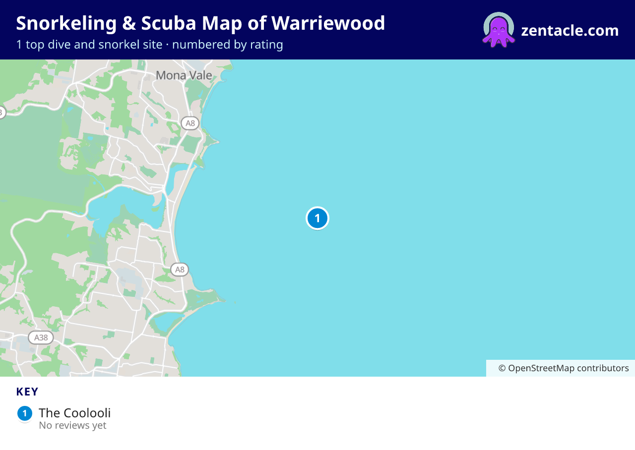 Snorkeling & Scuba Map of Warriewood: numbered map of the top 1 dive and snorkel sites, with ratings