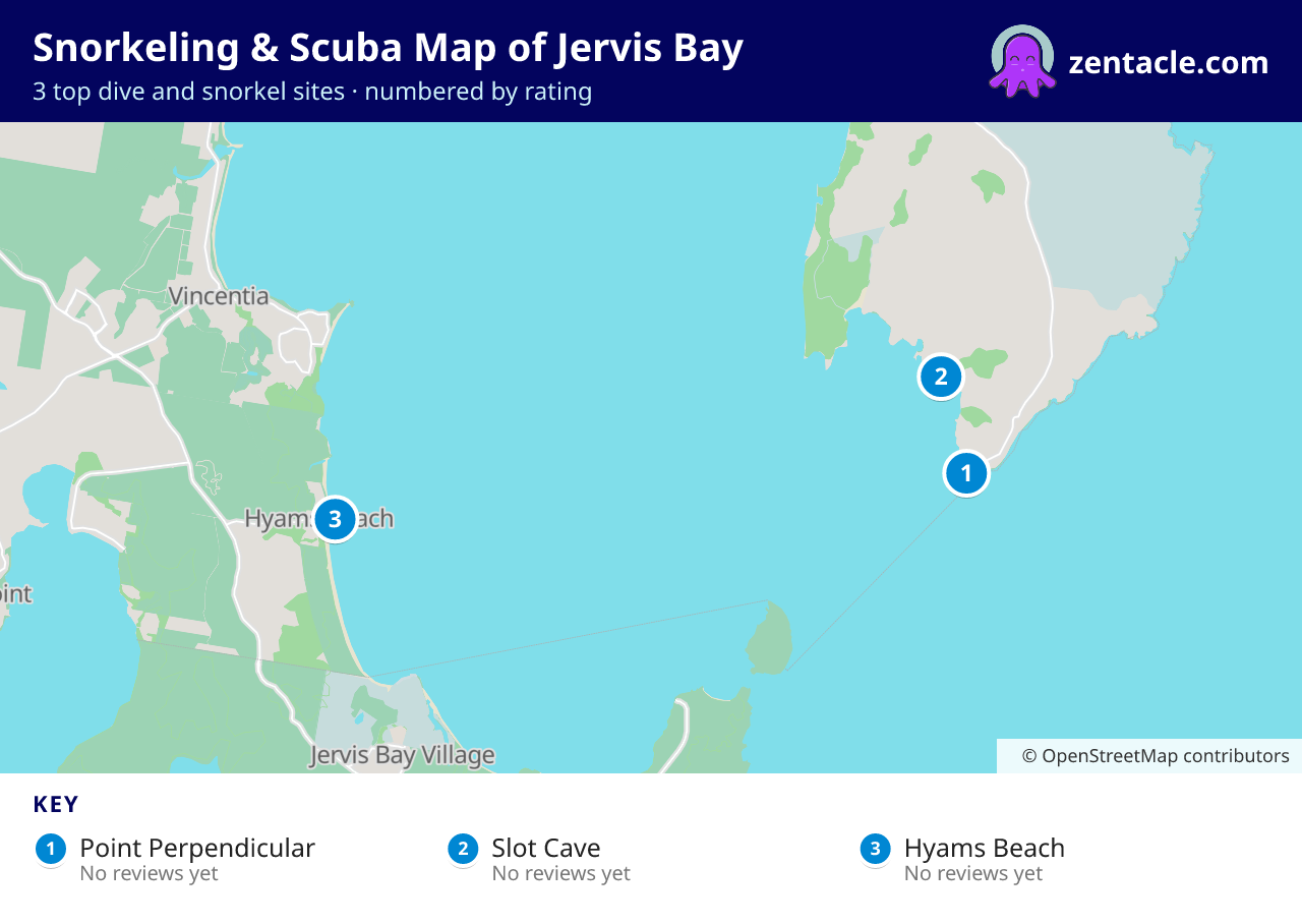 Snorkeling & Scuba Map of Jervis Bay: numbered map of the top 3 dive and snorkel sites, with ratings