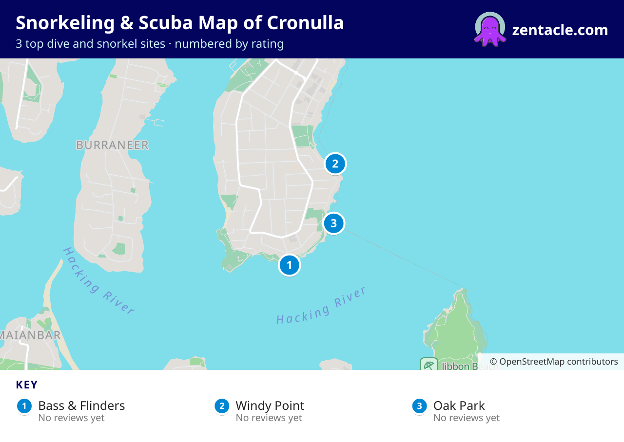Snorkeling & Scuba Map of Cronulla: numbered map of the top 3 dive and snorkel sites, with ratings
