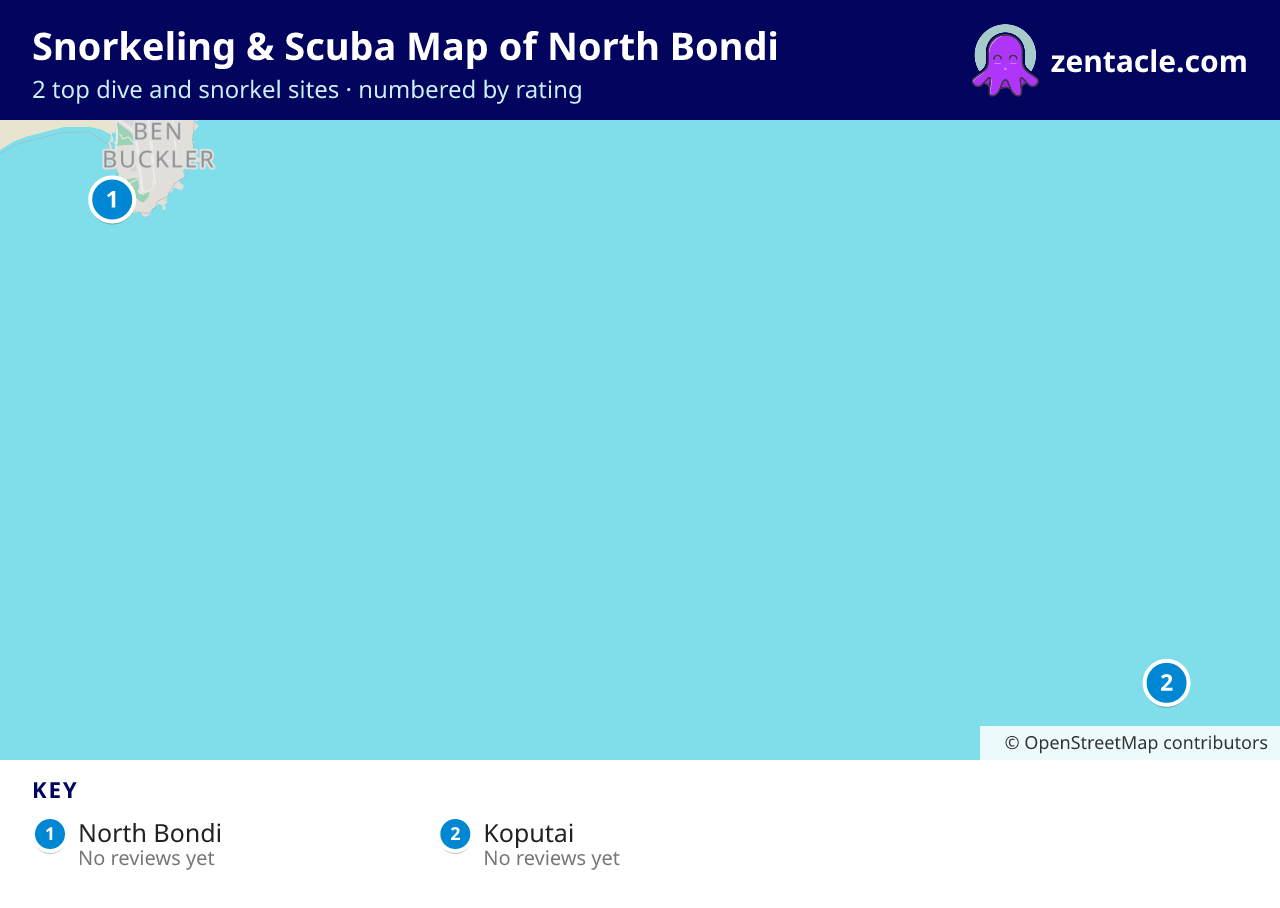 Snorkeling & Scuba Map of North Bondi: numbered map of the top 2 dive and snorkel sites, with ratings