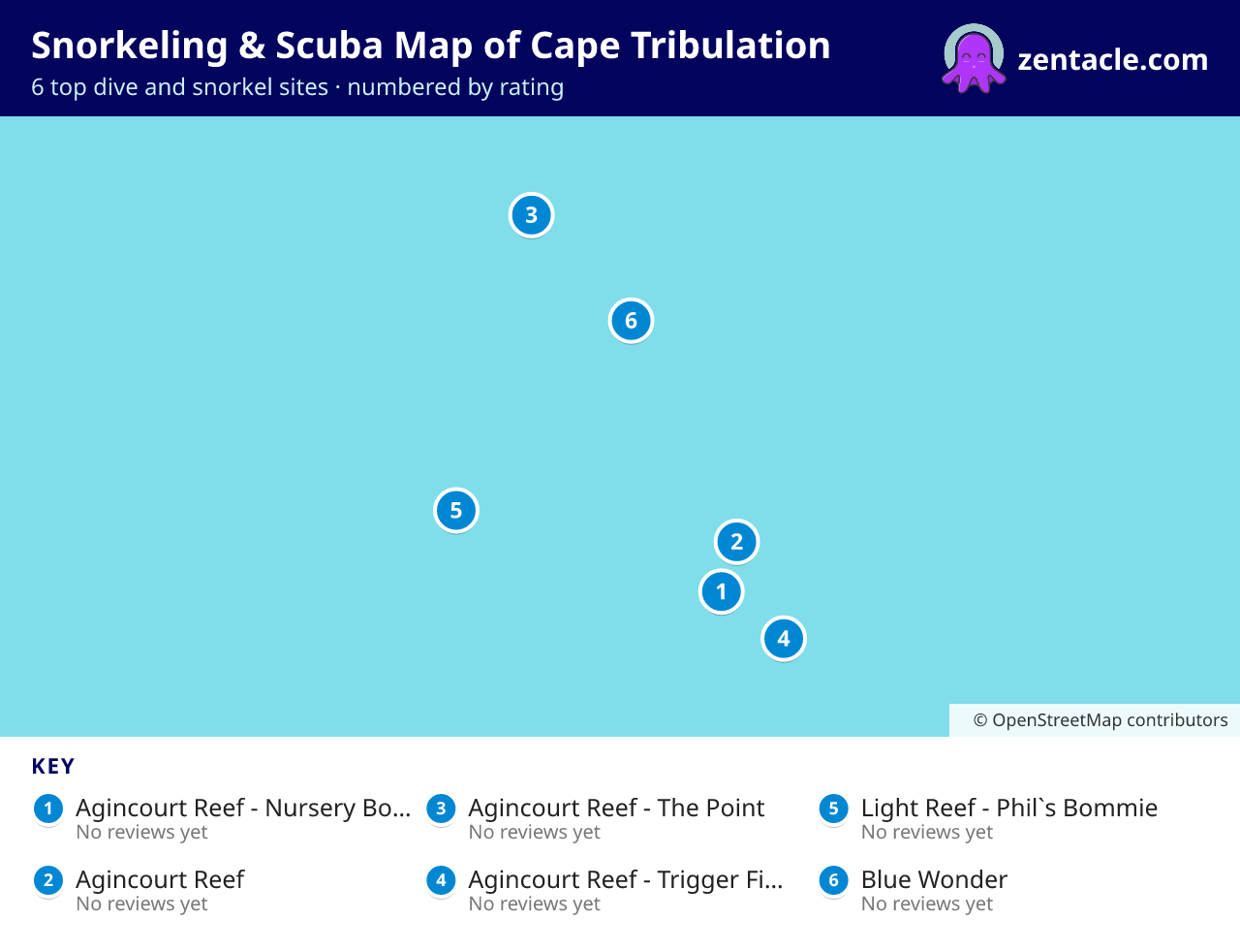 Snorkeling & Scuba Map of Cape Tribulation: numbered map of the top 6 dive and snorkel sites, with ratings