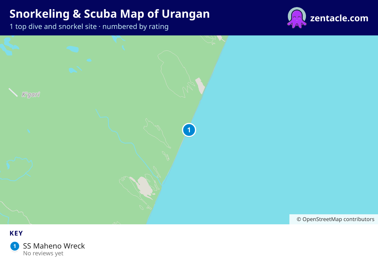 Snorkeling & Scuba Map of Urangan: numbered map of the top 1 dive and snorkel sites, with ratings