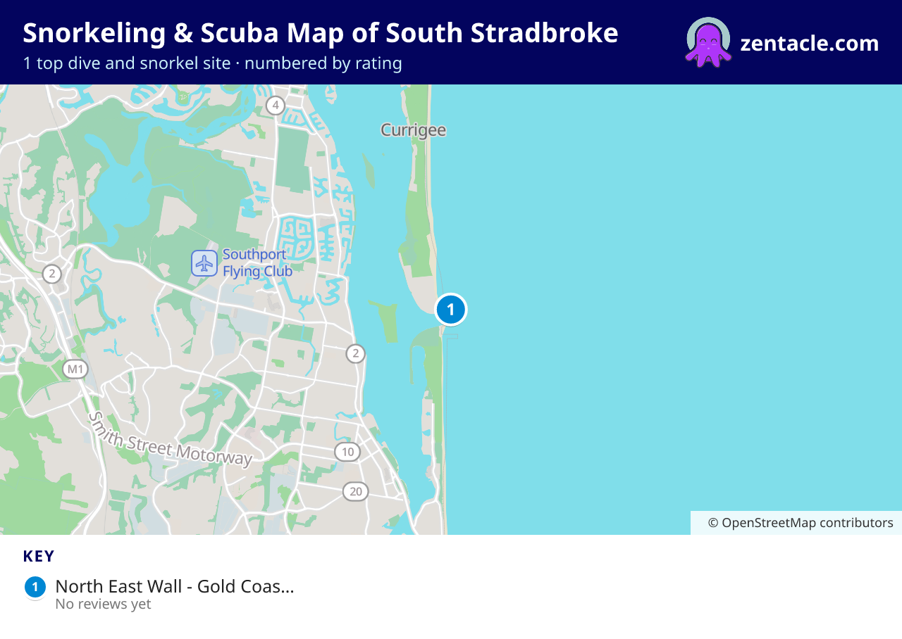 Snorkeling & Scuba Map of South Stradbroke: numbered map of the top 1 dive and snorkel sites, with ratings