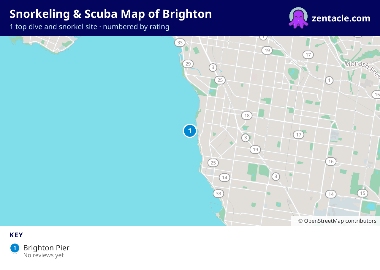 Snorkeling & Scuba Map of Brighton: numbered map of the top 1 dive and snorkel sites, with ratings