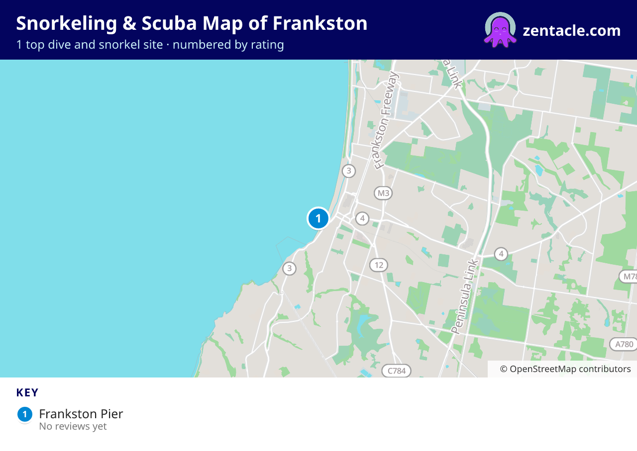 Snorkeling & Scuba Map of Frankston: numbered map of the top 1 dive and snorkel sites, with ratings