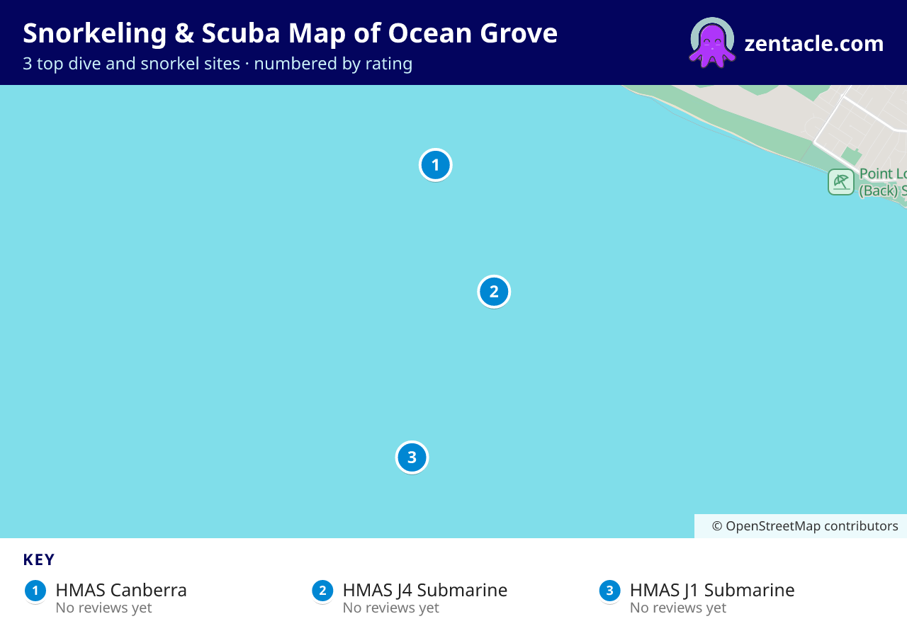 Snorkeling & Scuba Map of Ocean Grove: numbered map of the top 3 dive and snorkel sites, with ratings