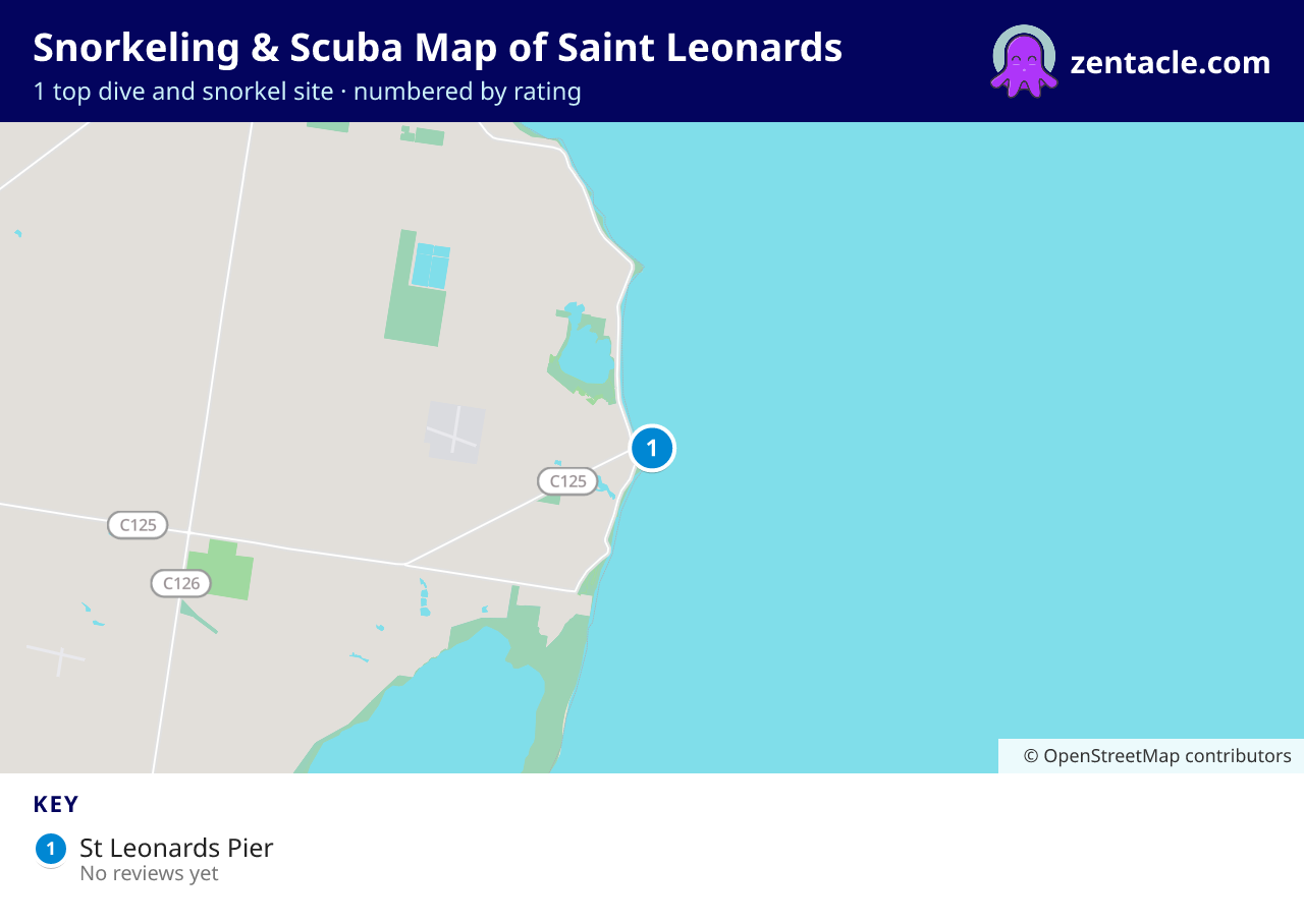Snorkeling & Scuba Map of Saint Leonards: numbered map of the top 1 dive and snorkel sites, with ratings
