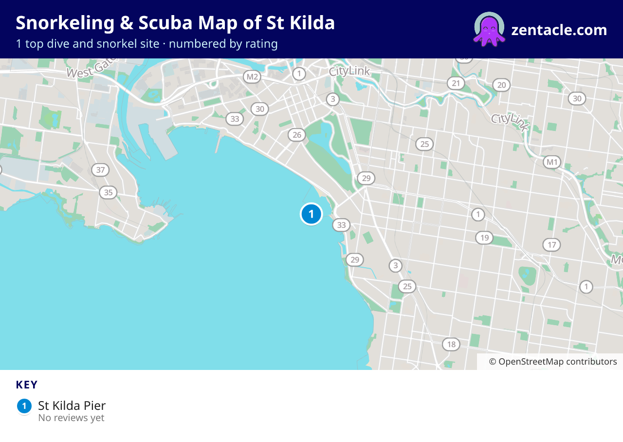 Snorkeling & Scuba Map of St Kilda: numbered map of the top 1 dive and snorkel sites, with ratings