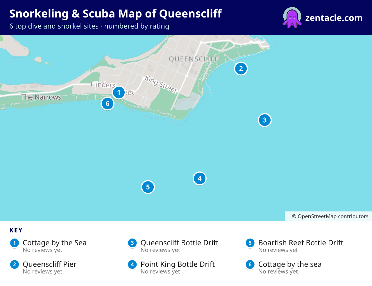 Snorkeling & Scuba Map of Queenscliff: numbered map of the top 6 dive and snorkel sites, with ratings