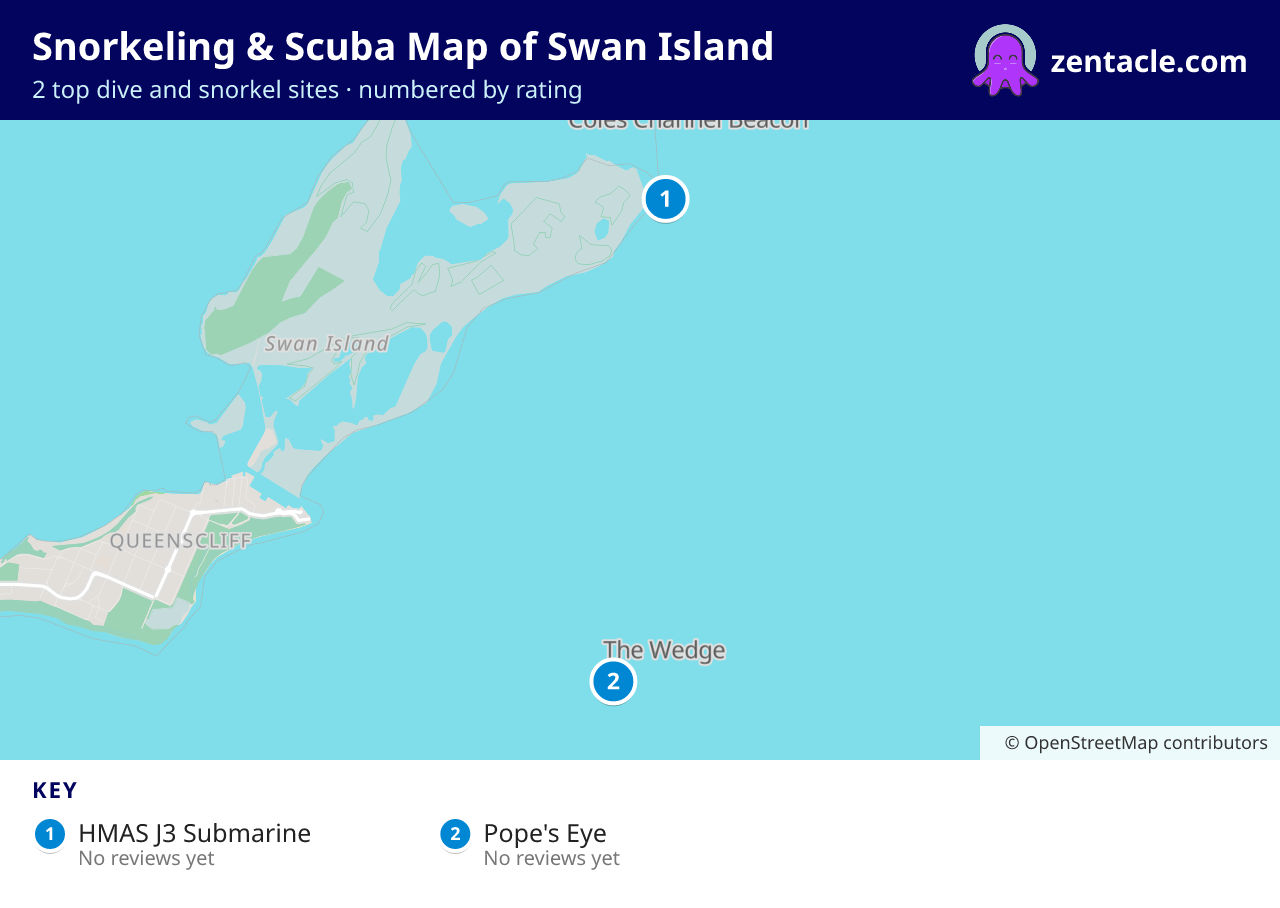 Snorkeling & Scuba Map of Swan Island: numbered map of the top 2 dive and snorkel sites, with ratings