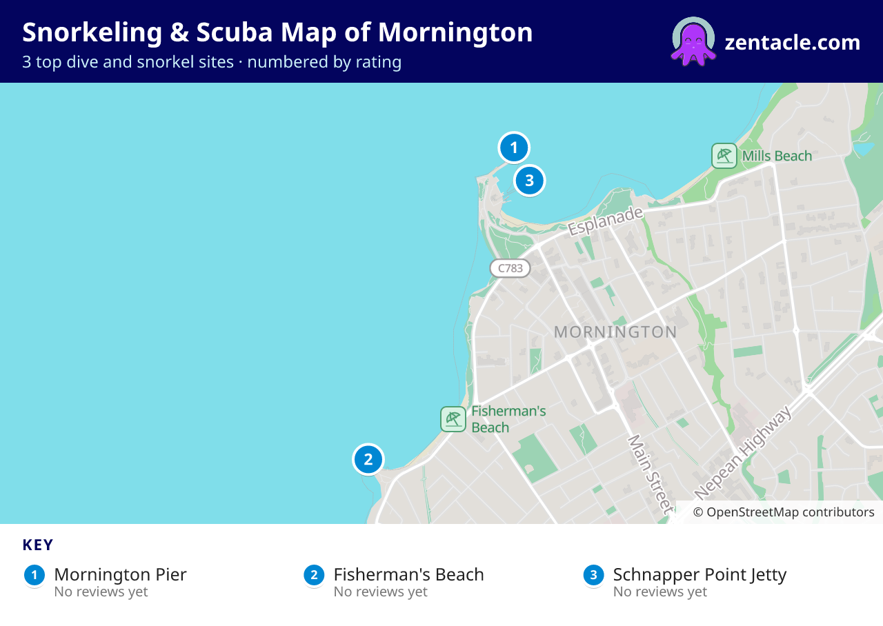 Snorkeling & Scuba Map of Mornington: numbered map of the top 3 dive and snorkel sites, with ratings