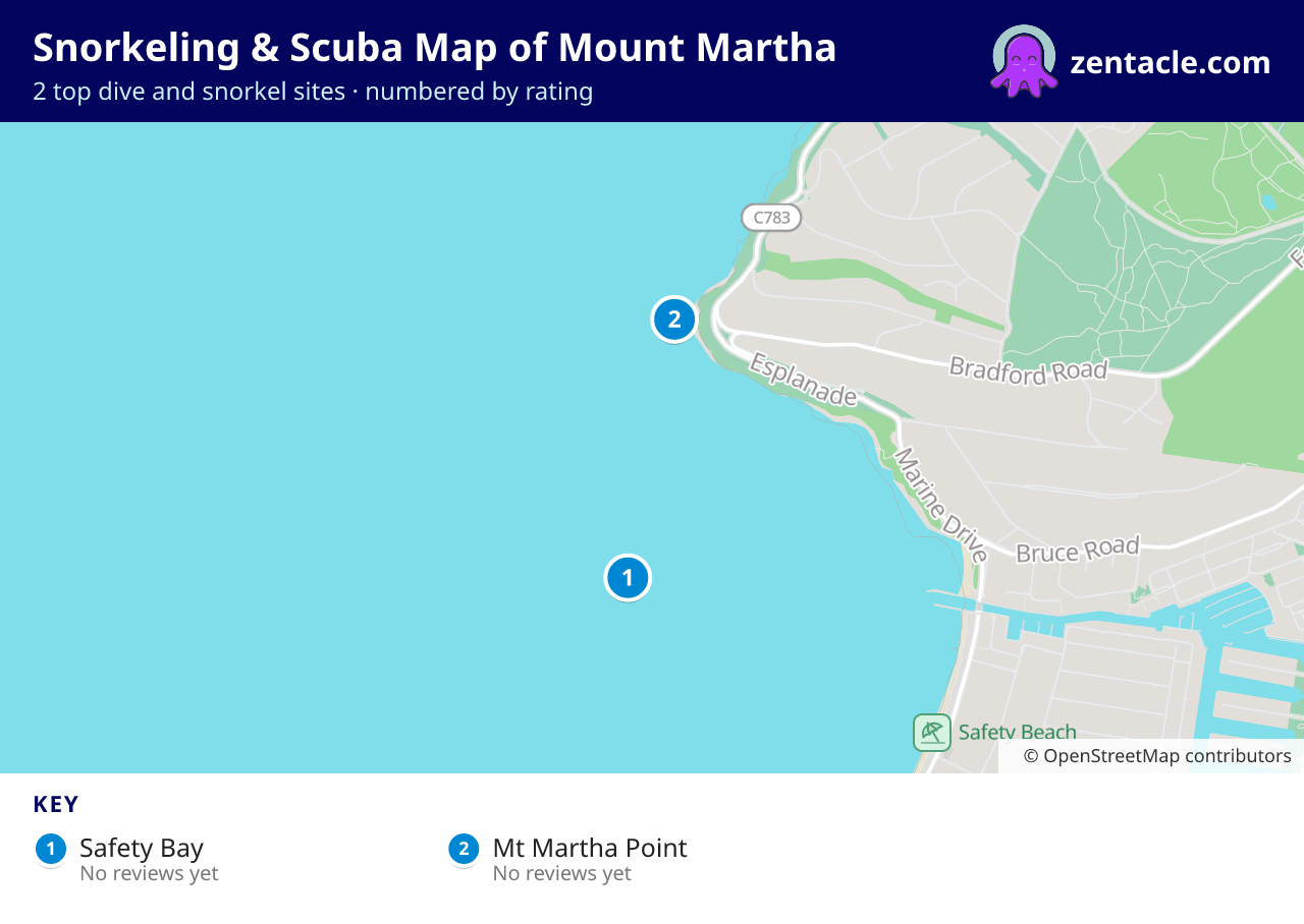 Snorkeling & Scuba Map of Mount Martha: numbered map of the top 2 dive and snorkel sites, with ratings