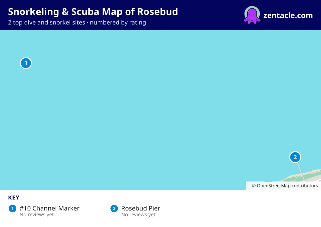 Snorkeling & Scuba Map of Rosebud: numbered map of the top 2 dive and snorkel sites, with ratings