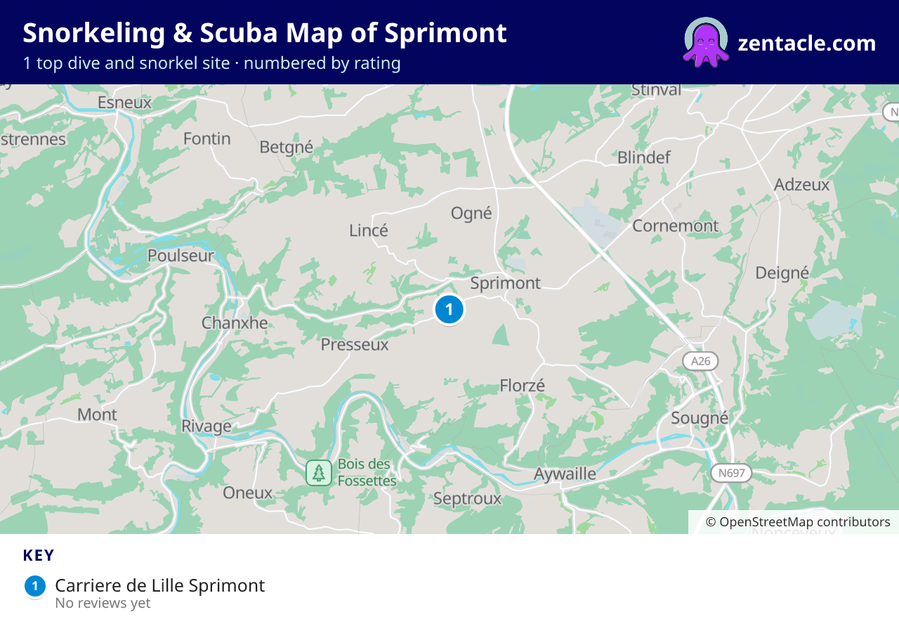 Snorkeling & Scuba Map of Sprimont: numbered map of the top 1 dive and snorkel sites, with ratings