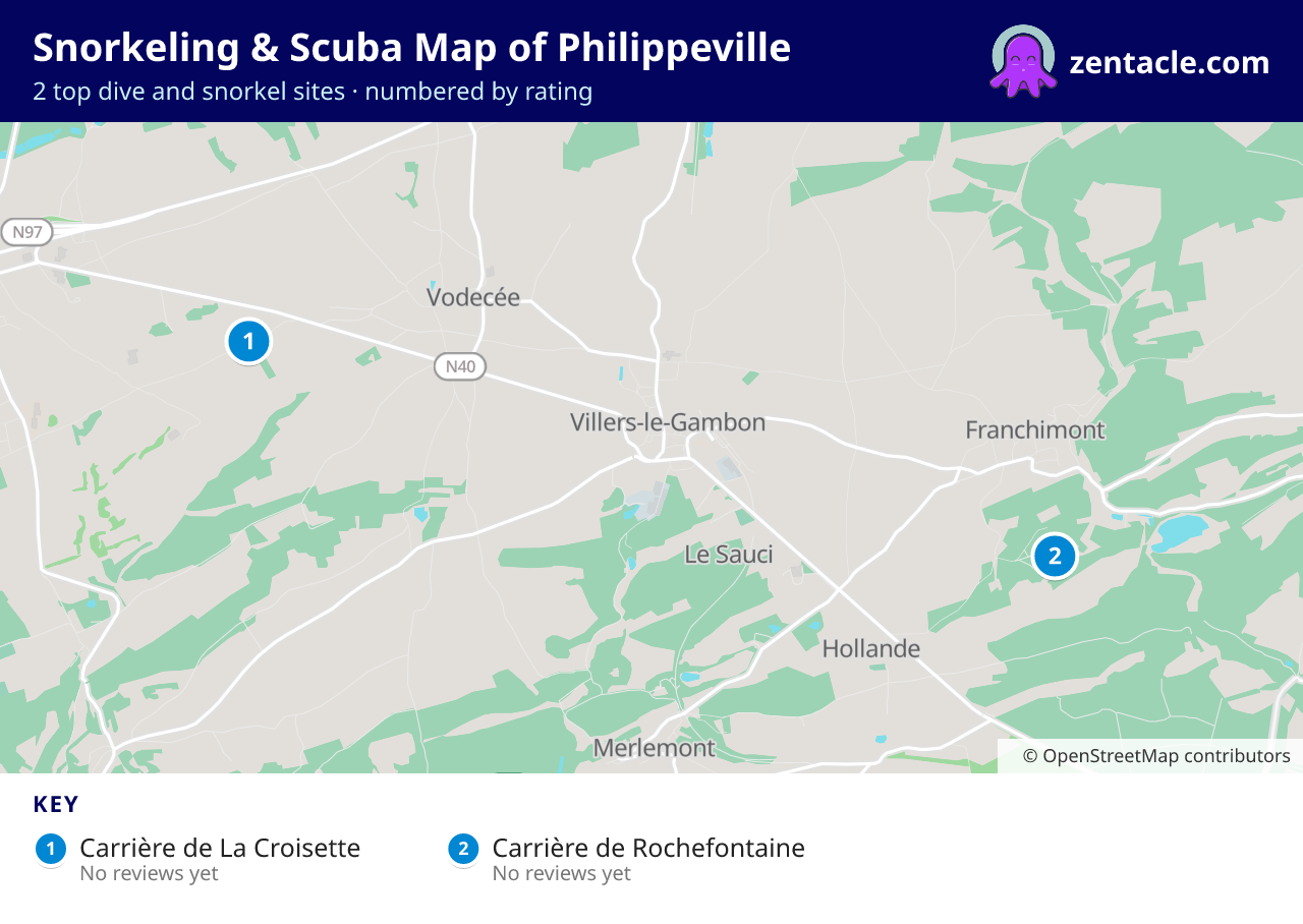 Snorkeling & Scuba Map of Philippeville: numbered map of the top 2 dive and snorkel sites, with ratings