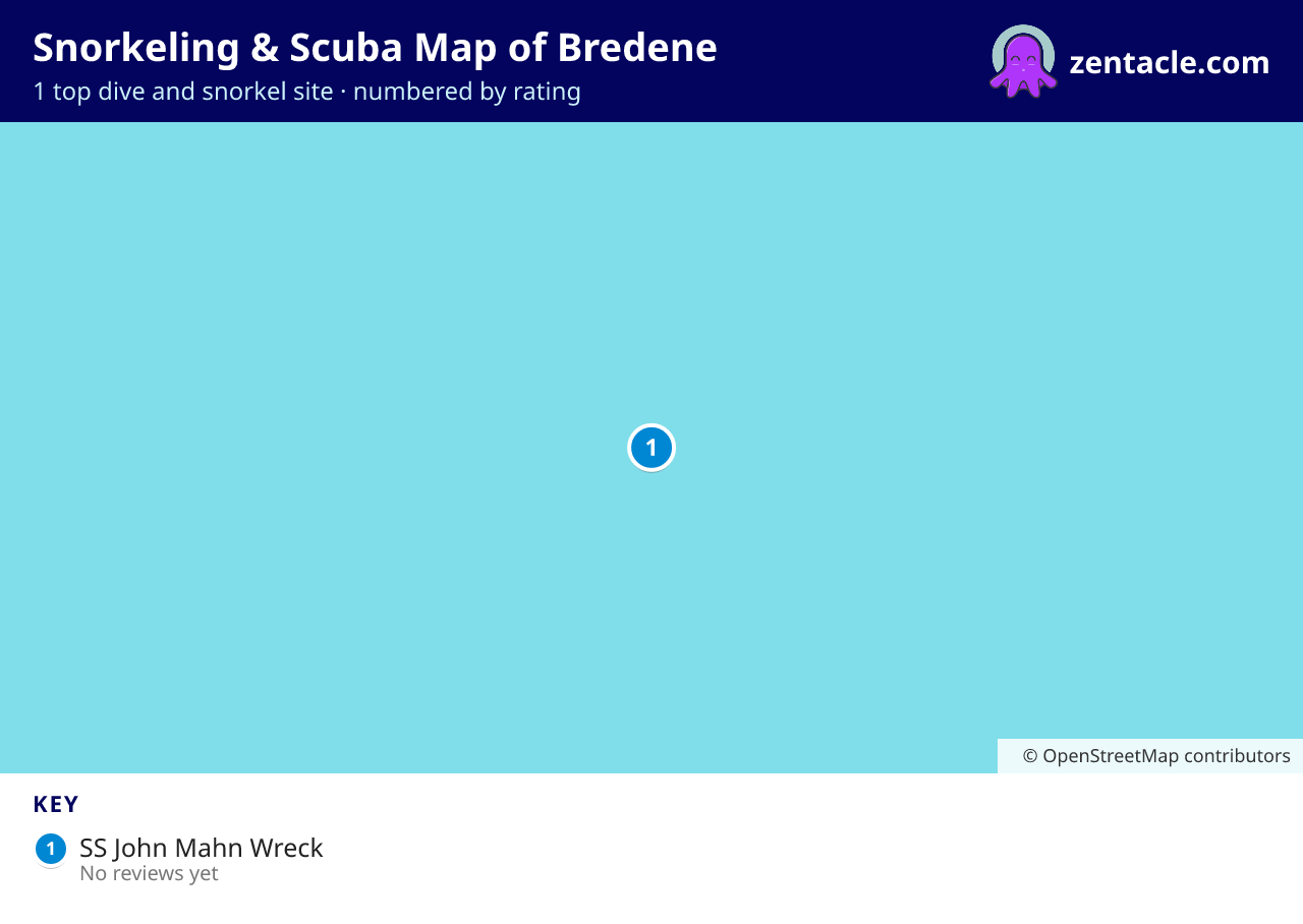 Snorkeling & Scuba Map of Bredene: numbered map of the top 1 dive and snorkel sites, with ratings