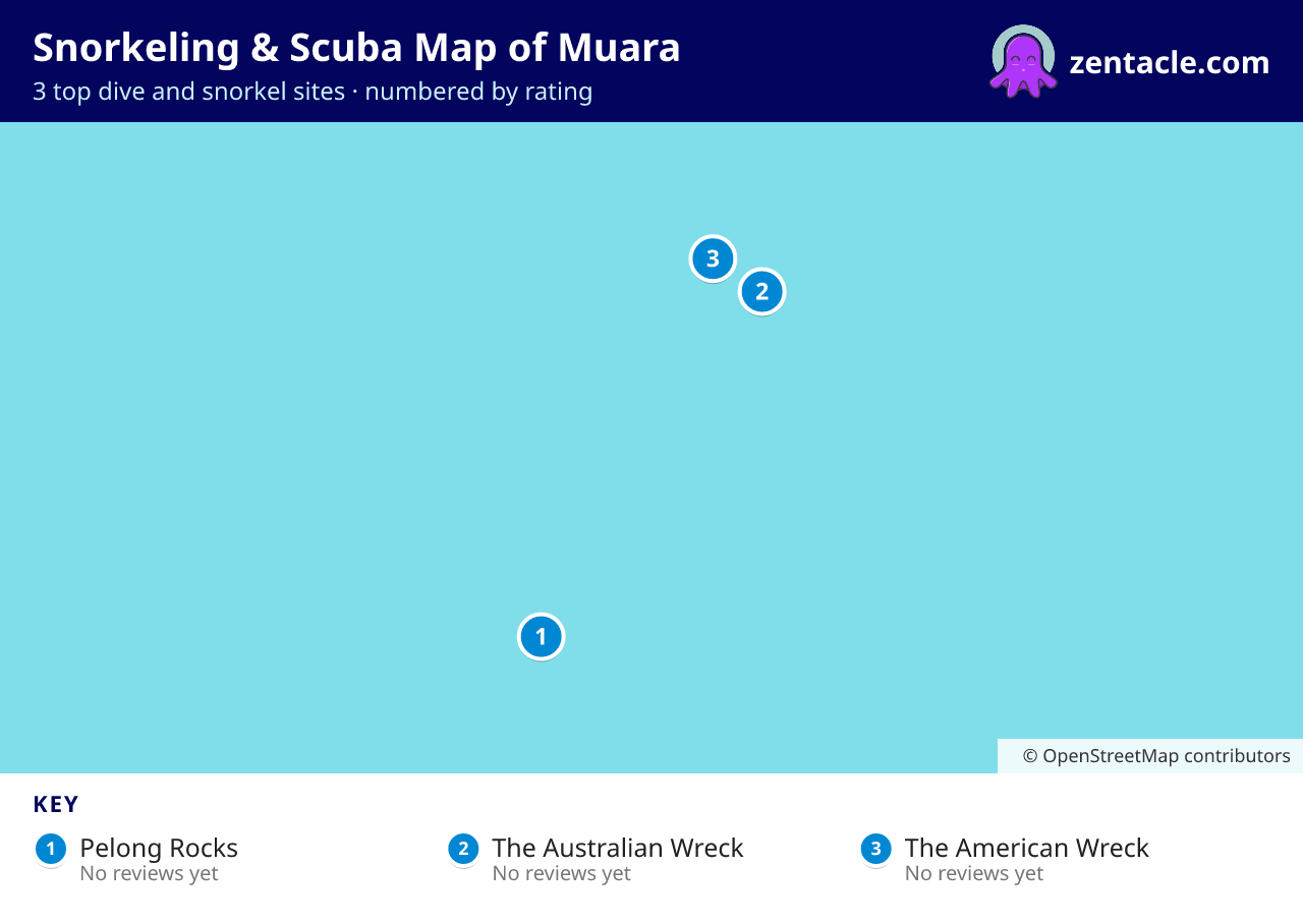 Snorkeling & Scuba Map of Muara: numbered map of the top 3 dive and snorkel sites, with ratings