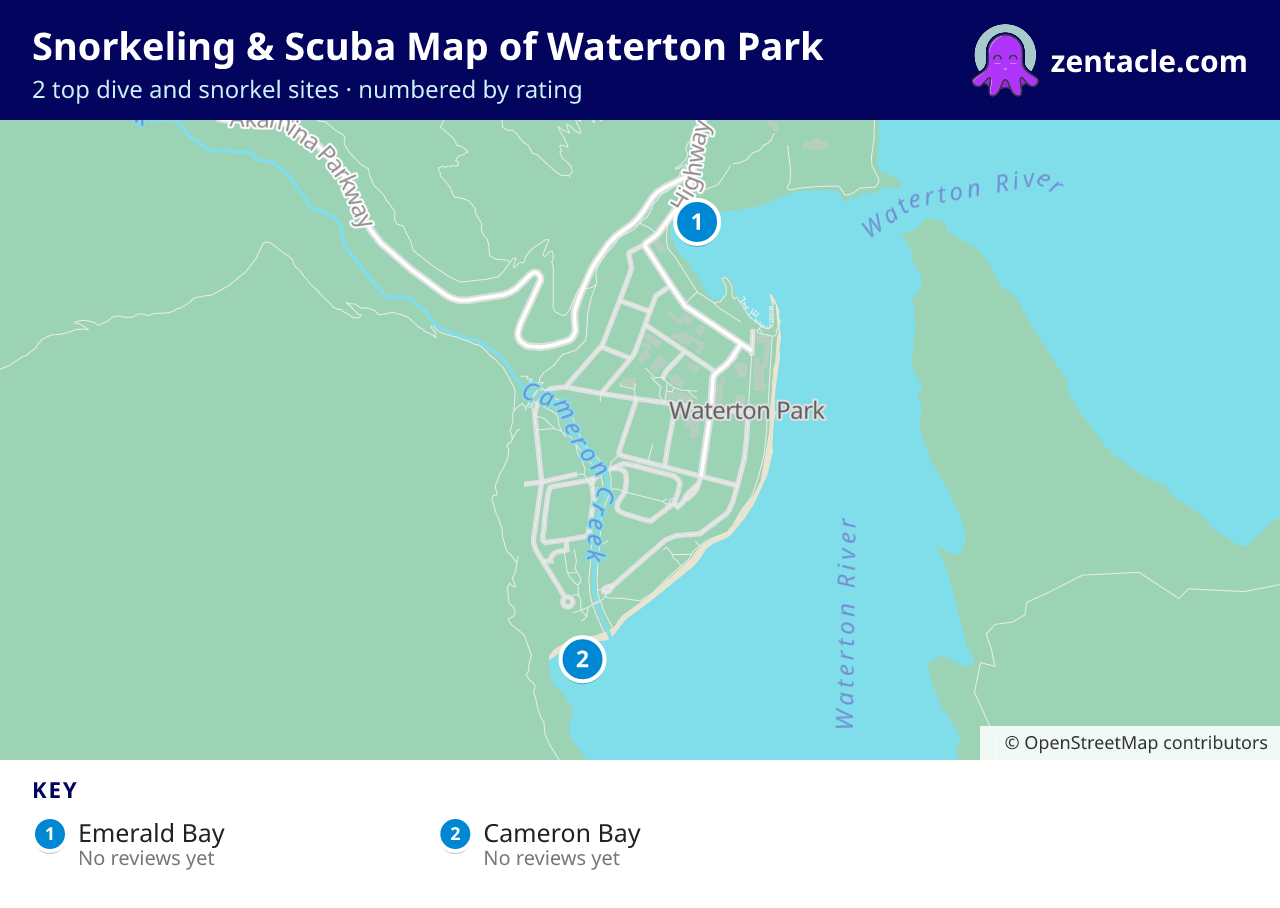 Snorkeling & Scuba Map of Waterton Park: numbered map of the top 2 dive and snorkel sites, with ratings