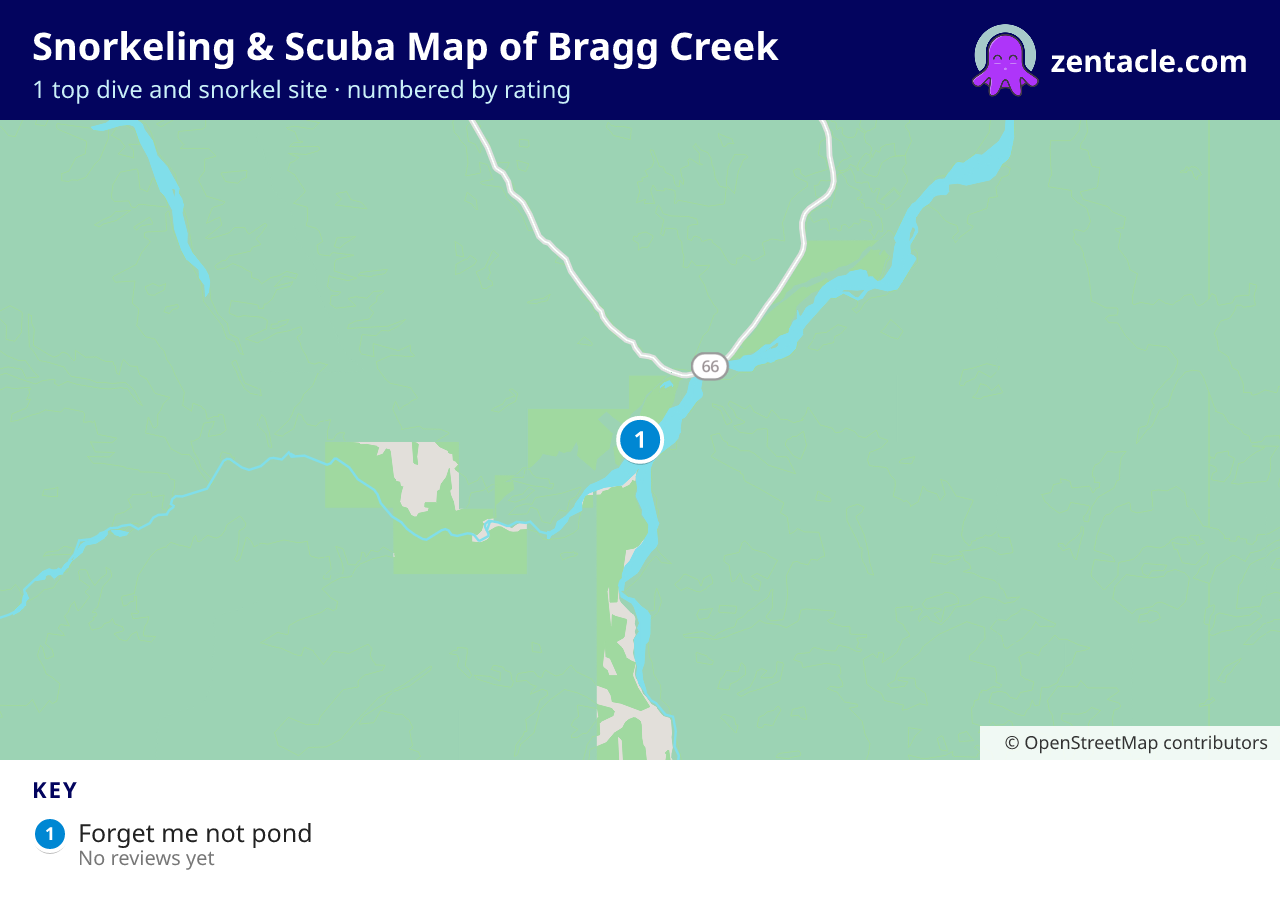 Snorkeling & Scuba Map of Bragg Creek: numbered map of the top 1 dive and snorkel sites, with ratings