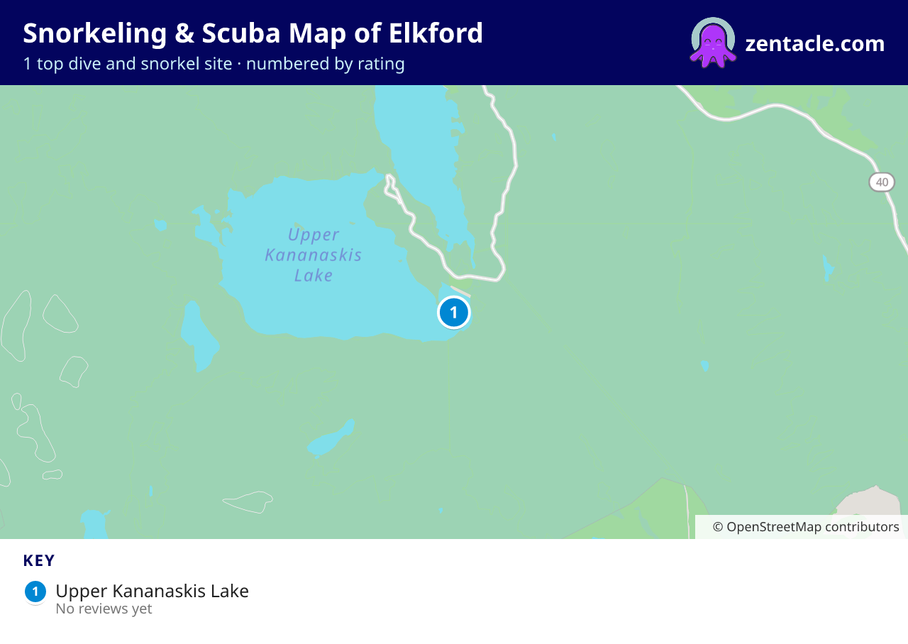 Snorkeling & Scuba Map of Elkford: numbered map of the top 1 dive and snorkel sites, with ratings