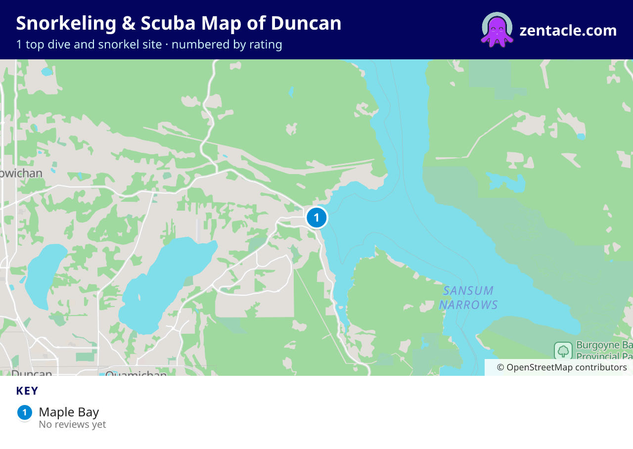 Snorkeling & Scuba Map of Duncan: numbered map of the top 1 dive and snorkel sites, with ratings