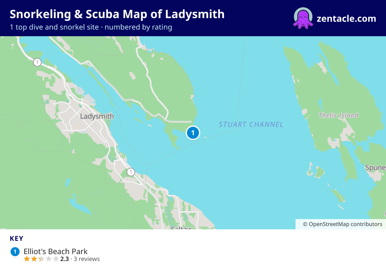 Snorkeling & Scuba Map of Ladysmith: numbered map of the top 1 dive and snorkel sites, with ratings